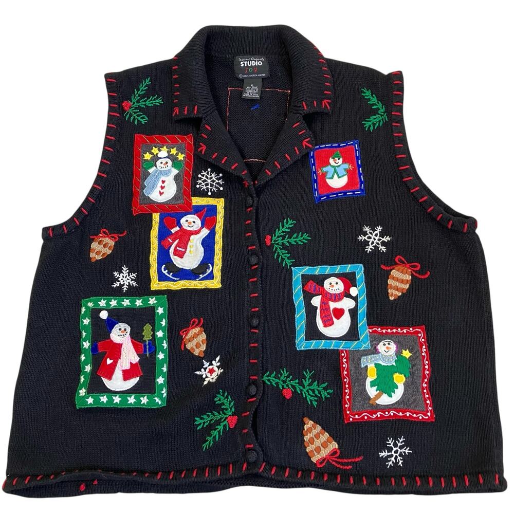 Designers Originals Sz XL Vtg 90s Holiday Sweater Vest Snowmans Boho Multicolor - Picture 7 of 16
